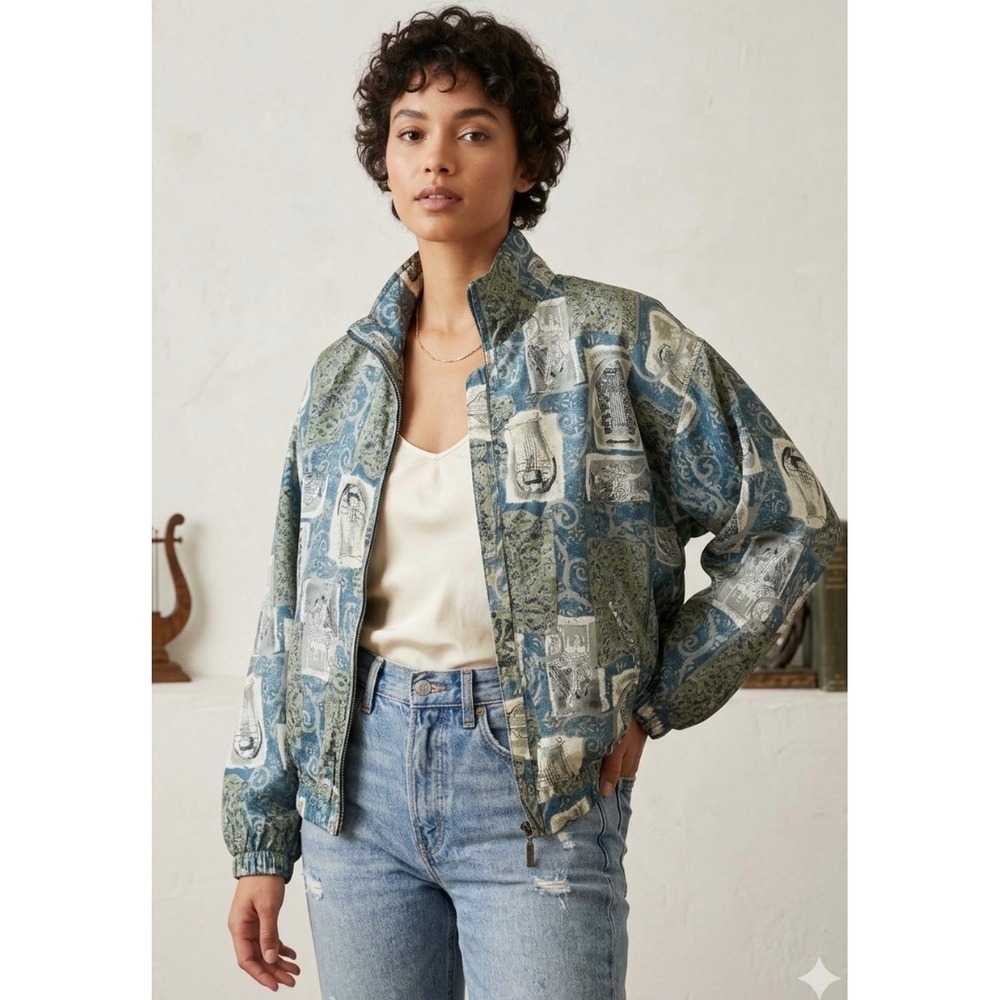 EVR Silk Teal Blue Bomber Jacket Vintage Grecian Harp Print Women's PS